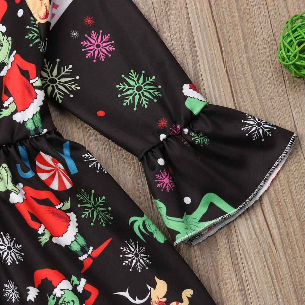 Dr Seuss Grinch Christmas Bell Sleeve Girls Dress - Picture 3 of 4